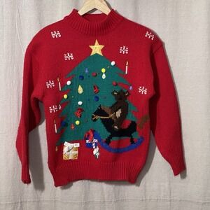 Vintage Karen Scott Red Christmas‎ Sweater Medium Santa Tree Presents Women's